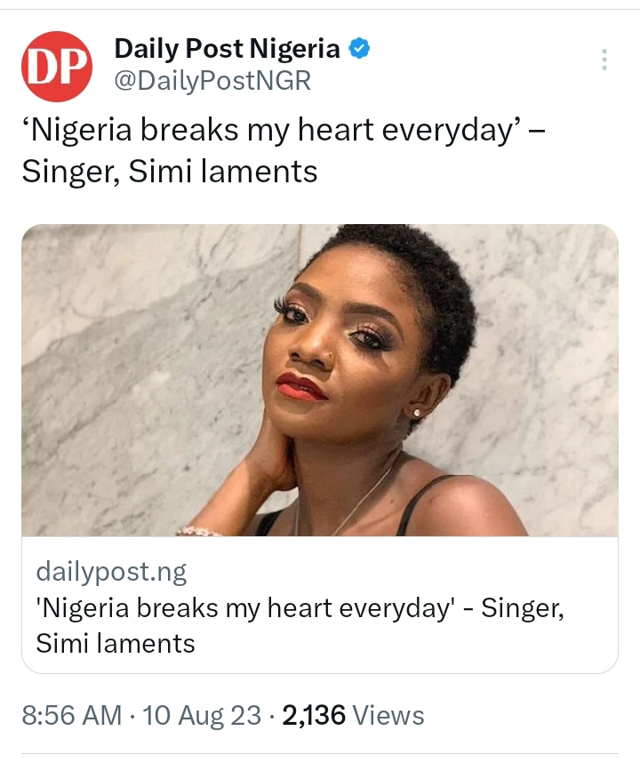 Nigeria Breaks My Heart Everyday – Singer Simi Laments – Aprokopolis